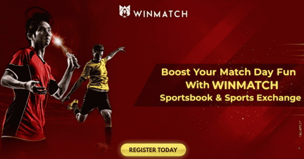 Winmatch banner boosting match-day fun with a cricketer in red and footballer in yellow on a bold red background, featuring sportsbook, sports exchange text, and a “Register Today” button.