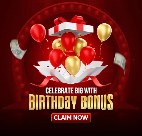 Celebrate big with birthday bonus featuring red and gold balloons, gift box with ribbon, falling confetti, and currency notes on dark red background with claim now button