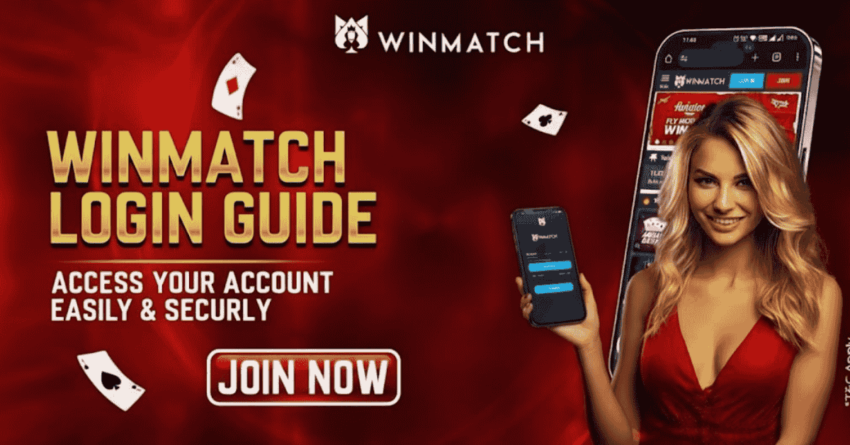 Winmatch login guide banner featuring a woman in a red dress holding a smartphone showing the app interface with the message “Access your account easily and securely” and a “Join Now” button.