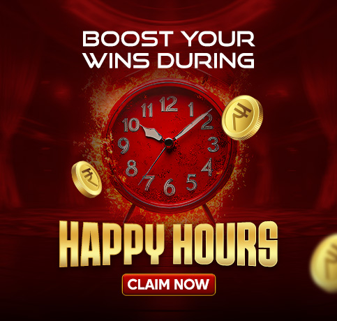 Red clock surrounded by gold coins advertising happy hours promotion to boost wins