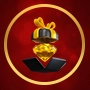 Lucky duck mascot with rupee coins icon in red and gold circular border