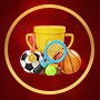 Golden trophy cup with poker chips and rupee coins icon in circular red and gold frame