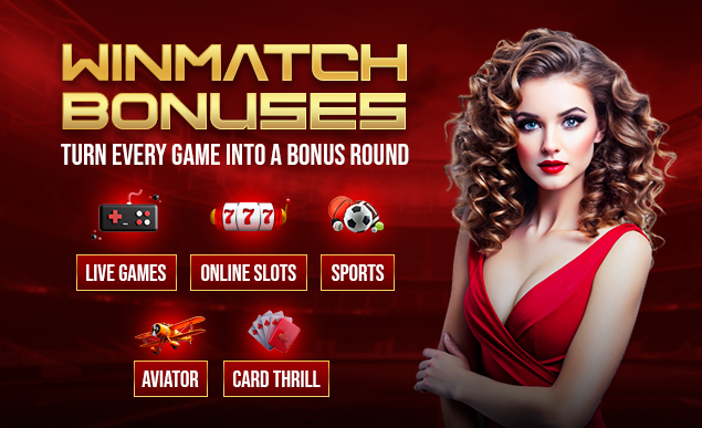 Winmatch bonuses overview showing live games, online slots, sports betting, aviator and card thrill options with elegant model