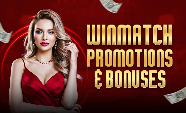 WinMatch promotions and bonuses banner with elegant woman in red dress and floating money