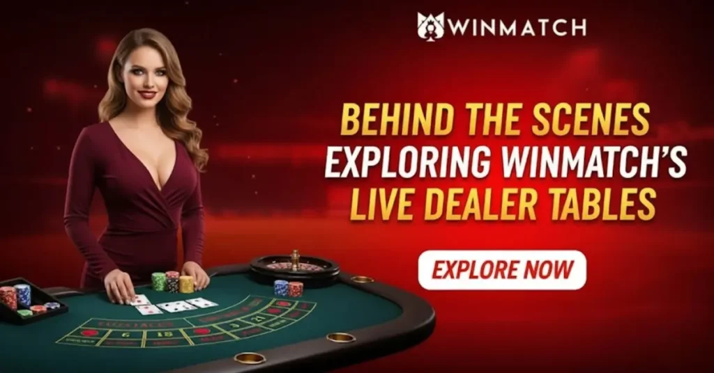 Promotional banner for Winmatch featuring a live dealer at a playing table featuring cards and chips; promoting live dealer tables.