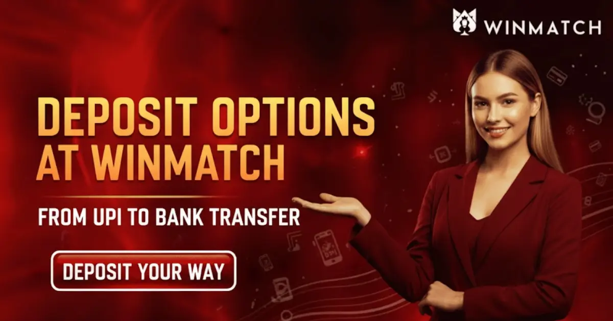 Promotional banner for Winmatch depicting a woman in a red suit demonstrating the deposit options with the text pointed out UPI and bank transfer methods.