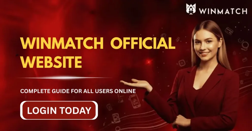 Winmatch official website interface banner with a woman in a red dress indicating text that says to login today