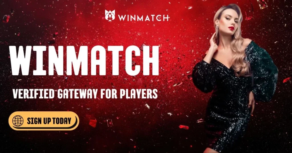 Winmatch login banner with a woman in a black sequin dress on a red background featuring the text Verified Gateway for Players.