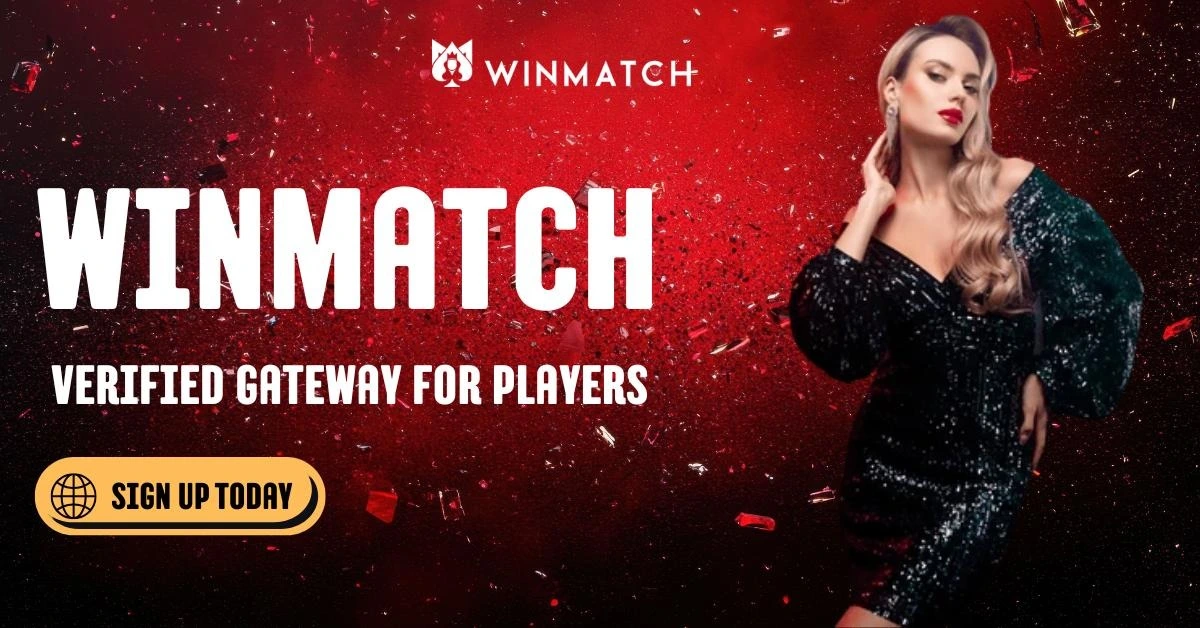 Winmatch login banner with a woman in a black sequin dress on a red background featuring the text Verified Gateway for Players.