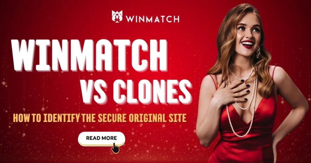 Winmatch vs Clones comparison banner featuring a woman in a red silk dress and pearls on a red sparkling background.
