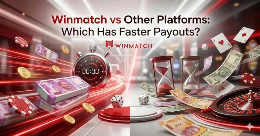 Winmatch vs Other Platforms comparison banner showing a split screen with fast payout imagery on the left, including a stopwatch, currency notes, and poker chips with motion blur, and slow payout imagery on the right with hourglasses, scattered money, and casino elements.