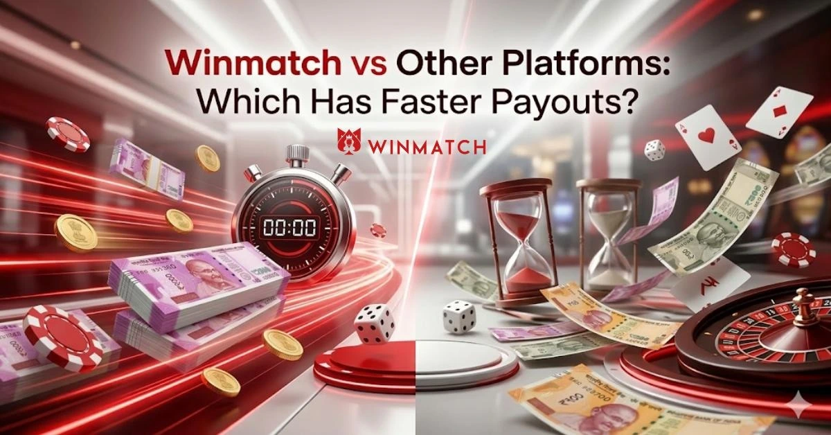 Winmatch vs Other Platforms comparison banner showing a split screen with fast payout imagery on the left, including a stopwatch, currency notes, and poker chips with motion blur, and slow payout imagery on the right with hourglasses, scattered money, and casino elements.
