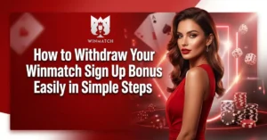 Winmatch withdrawal guide banner featuring a woman in a red dress with casino elements including playing cards, dice, and poker chips on a red gradient background with the Winmatch logo.