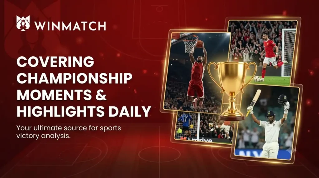 Promotional graphic for Winmatch featuring a gold trophy surrounded by action shots of basketball, soccer, and cricket, with text highlighting daily championship moments and sports victory analysis.