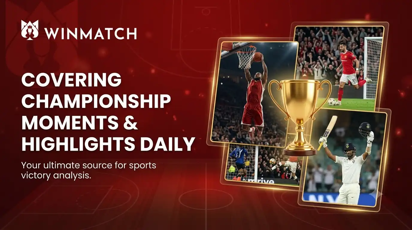 Promotional graphic for Winmatch featuring a gold trophy surrounded by action shots of basketball, soccer, and cricket, with text highlighting daily championship moments and sports victory analysis.