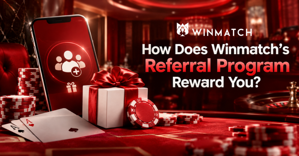 Red and white gaming-themed banner showing a phone with a referral icon, a gift box, alongside the Winmatch logo and text "How Does Winmatch's Referral Program Reward You?"