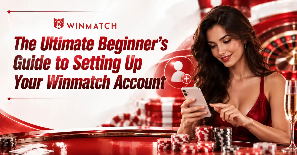 A woman using her smartphone at a vibrant red table, promoting a guide on setting up a Winmatch account.